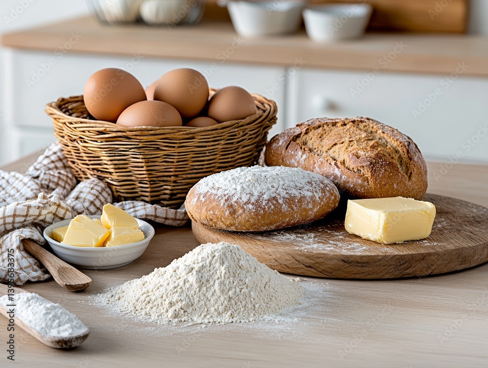 Freshly Baked Breads, Eggs, and Butter Prepared for Baking on Table Freshly Baked Breads, Eggs, and Butter Prepared for Baking on Table