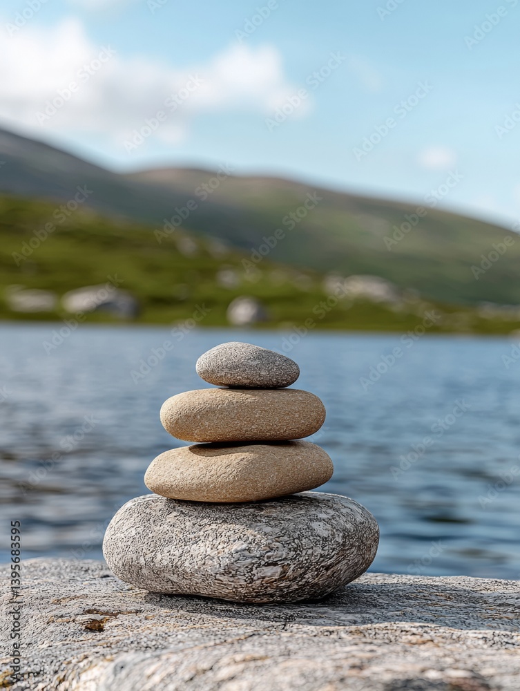 Stacked Balancing Stones by Lake, Peaceful Zen Composition in Nature Stacked Balancing Stones by Lake, Peaceful Zen Composition in Nature