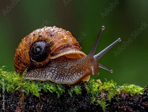 Macro Photo of a Snail Crawling on Moss with Wet Shell and Antennae