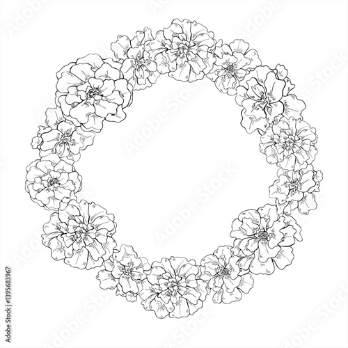 Marigold flower head vector wreath with copy space for text. Blooming tagetes flowers etching drawing painted by black inks. Floral border for garden themed design, for Indian and Mexican festivals