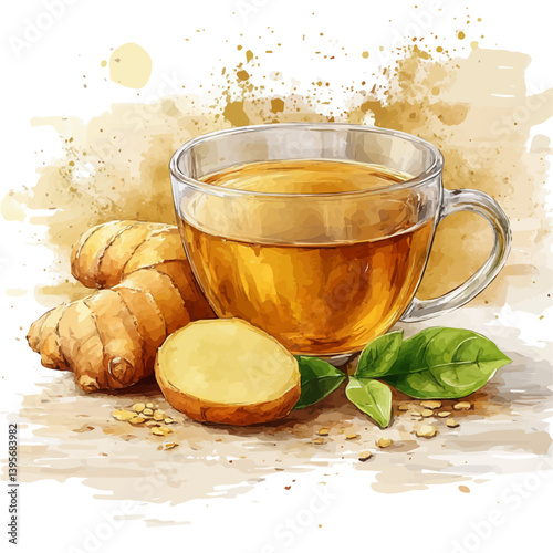 Ginger Tea, watercolor illustration, isolated on a white background.

