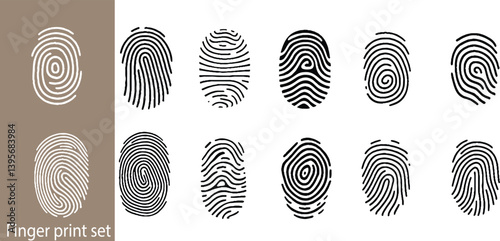 Finger print id authentication symbol set. A detailed black ink fingerprint on a clean white background.