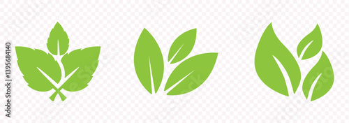 Simple green leaves shapes isolated on white background. Leaf icon vector set.