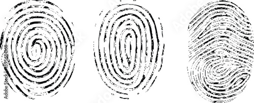 Vector set of detailed black fingerprint illustrations in various styles for security and biometric concepts. Identity concept.