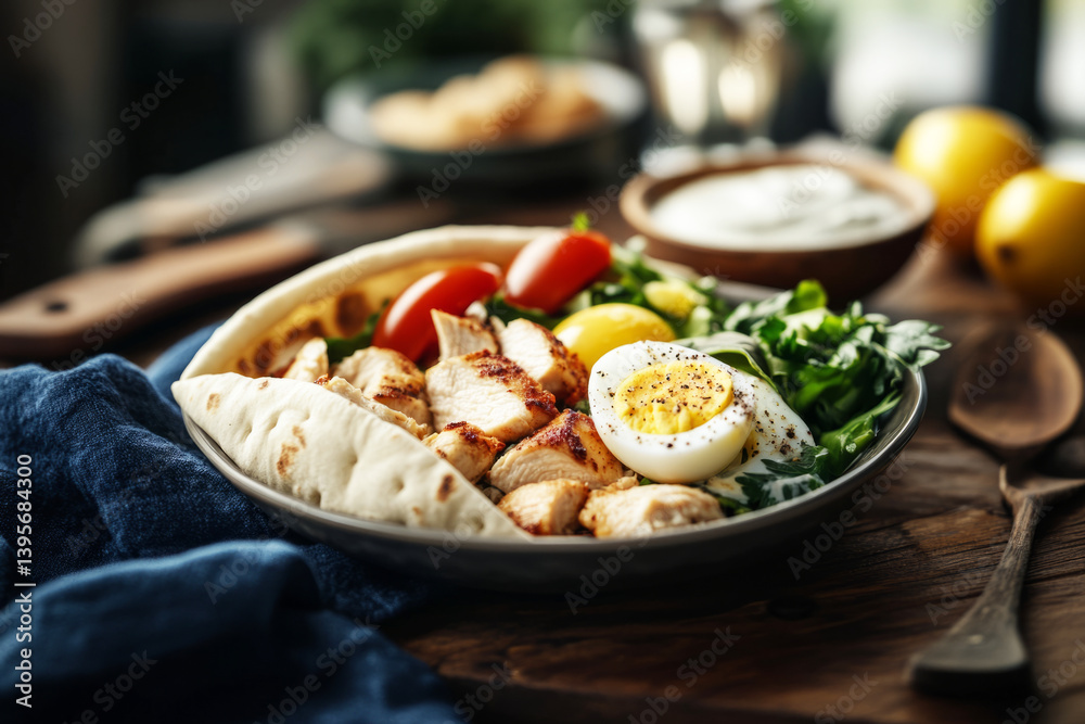 A rustic pita filled with warm chicken breast, boiled egg, and yogurt dressing, illuminated by natural window light, creating soft shadows and highlighting the dish A rustic pita filled with warm chicken breast, boiled egg, and yogurt dressing, illuminated by natural window light, creating soft shadows and highlighting the dish