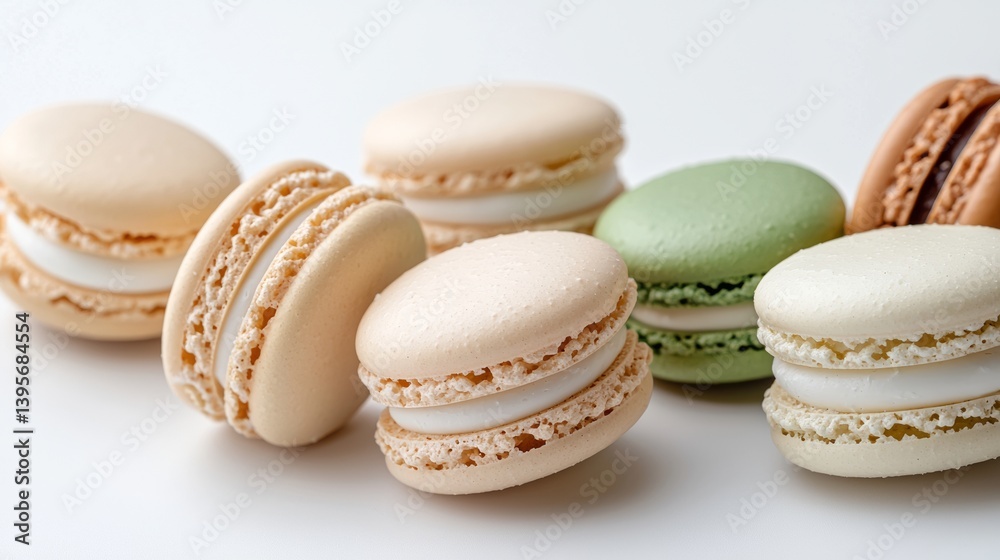 Colorful French Macarons Arranged Beautifully on a White Surface, Close Up.