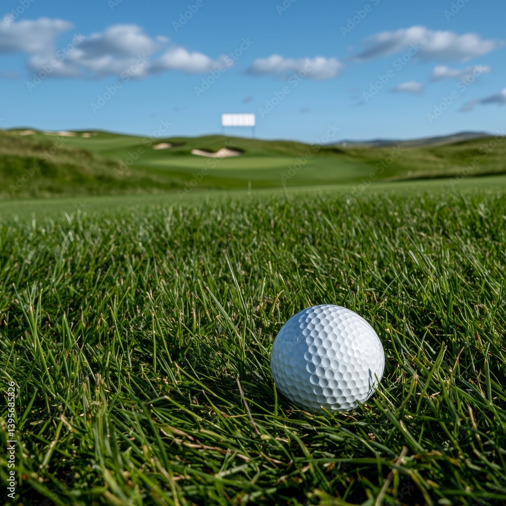 Obraz premium Golf ball rests in the lush green grass on the golf course on a sunny day.