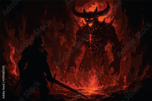 Epic fantasy battle scene with warrior facing fiery demon