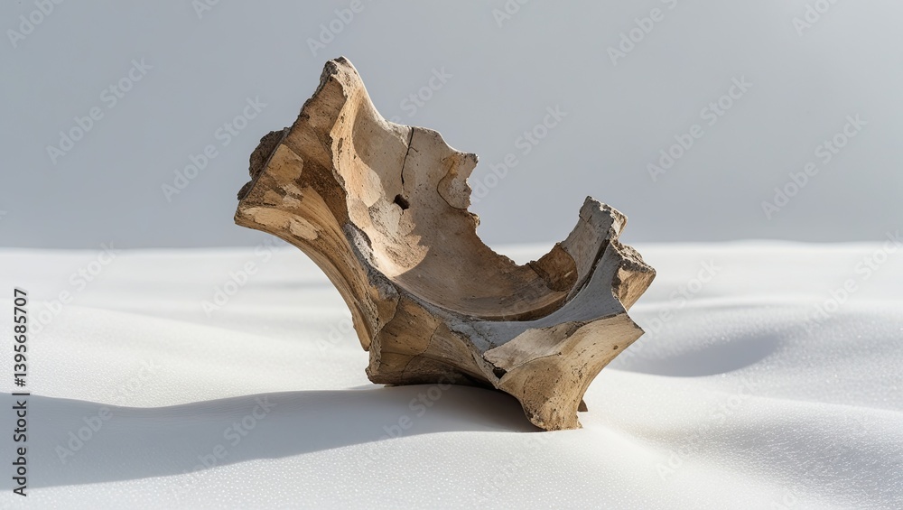 A delicate, fractured relic, its worn, earthly tones and textures starkly juxtaposed against a pristine, snow-white background, which serves as a blank canvas, devoid of any distractions, allowing t A delicate, fractured relic, its worn, earthly tones and textures starkly juxtaposed against a pristine, snow-white background, which serves as a blank canvas, devoid of any distractions, allowing t