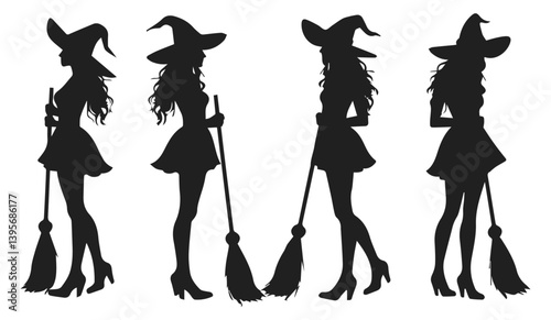 Silhouette of sexy woman wearing witches hat and holding a broom. Pretty girl with besom dressed as a witch for Halloween