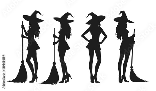 Silhouette of sexy woman wearing witches hat and holding a broom. Pretty girl with besom dressed as a witch for Halloween