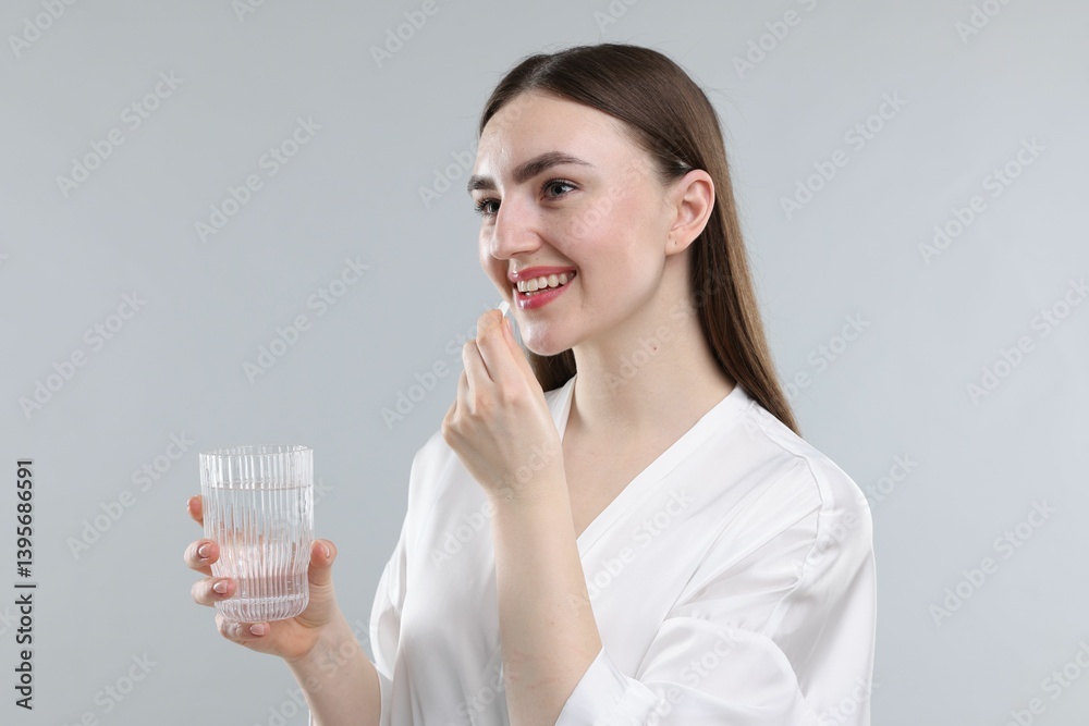 Happy woman with glass of water taking collagen pill on grey background Happy woman with glass of water taking collagen pill on grey background