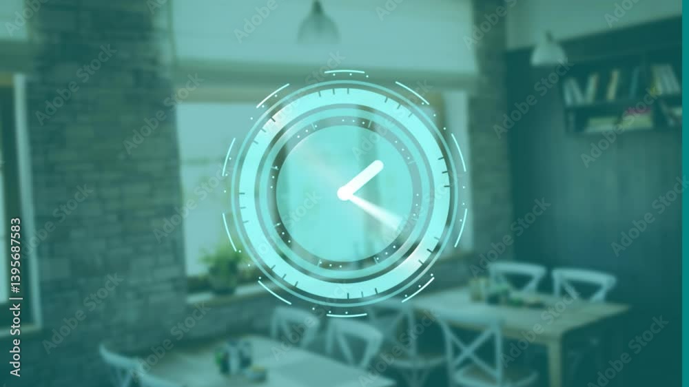 Digital clock animation over cozy restaurant interior with wooden ...