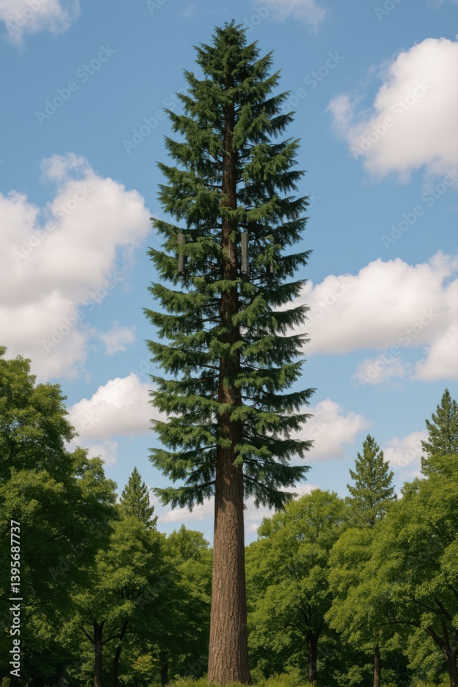 Fototapeta premium A cleverly disguised telecommunications tower stands tall in a lush landscape, camouflaged as a pine tree.