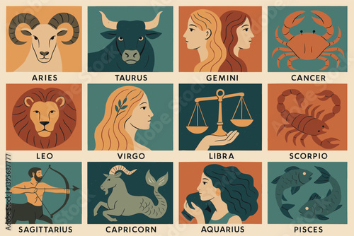 Zodiac signs in artistic representation - astrology and horoscope design concept