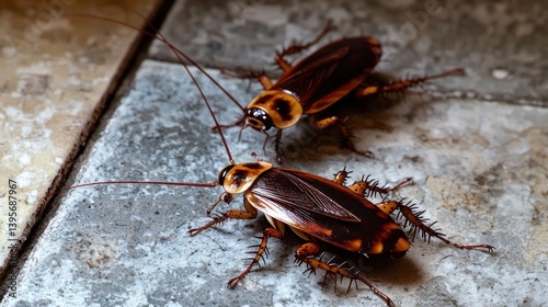 Two cockroaches on tiled floor, pest control