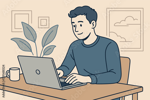 Work from home concept with smiling person using laptop in an office setting