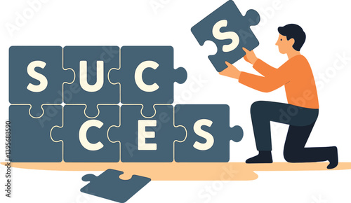 Achieving success concept with puzzle pieces and person solving for motivation and strategy