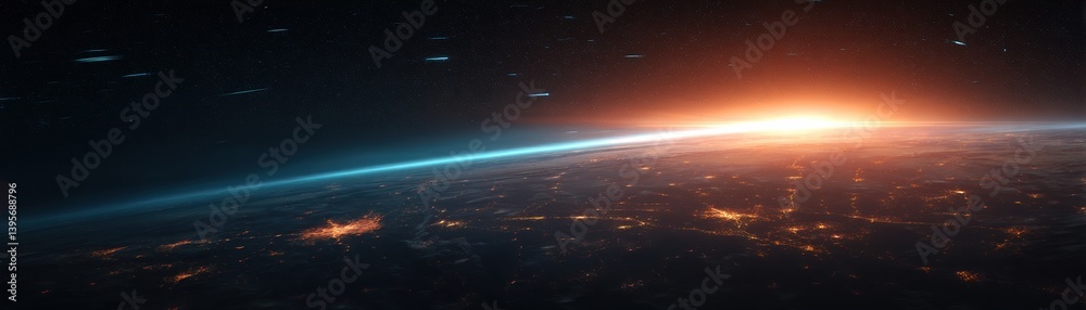 Fototapeta premium A stunning view of Earth from space, showcasing the horizon illuminated by a sunrise, with stars and atmospheric details enhancing the cosmic scene.
