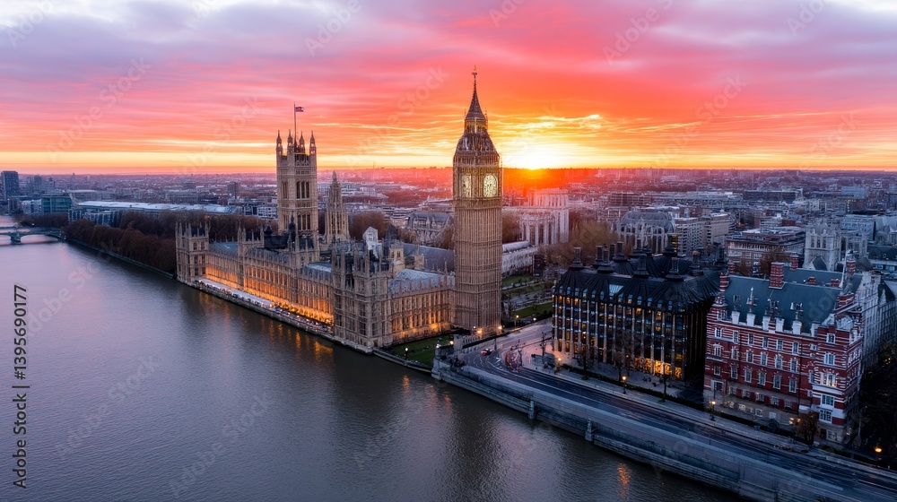Naklejka premium London Sunset Over Parliament - Stunning aerial view of London's Houses of Parliament and Big Ben at sunset. Vibrant colors and city skyline