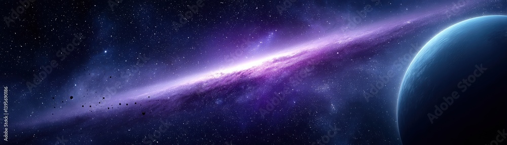 Naklejka premium A vibrant cosmic scene featuring a glowing galaxy and a distant planet, set against the backdrop of a starry universe.