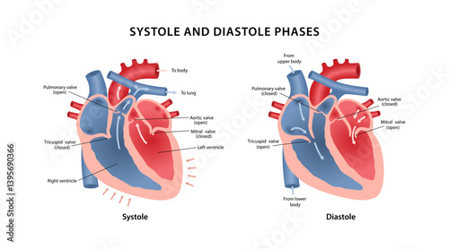 Systole and diastole phases. Medical illustration of blood circulation in the heart in systole and diastole phases with notations. Vector illustration in flat style isolated over white background