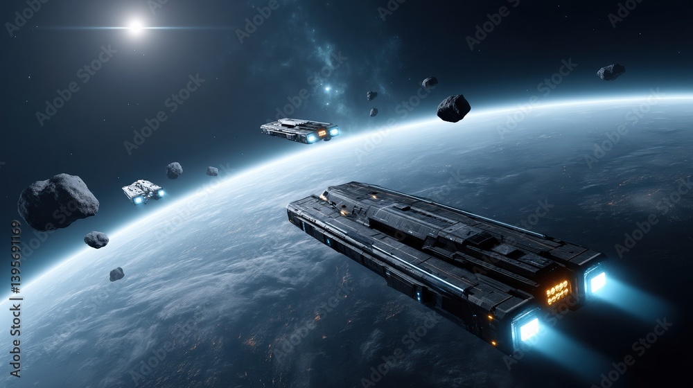 A futuristic spacecraft navigates through a field of asteroids in space, showcasing cosmic beauty and technological innovation. A futuristic spacecraft navigates through a field of asteroids in space, showcasing cosmic beauty and technological innovation.