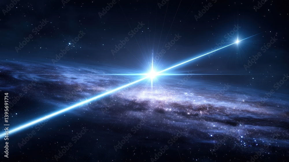Obraz premium A stunning cosmic scene featuring a bright star and radiant beams of light amidst a starry galaxy backdrop.