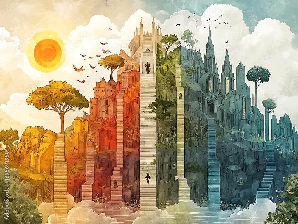 A fantastical depiction of layered cities with ascending stairways.