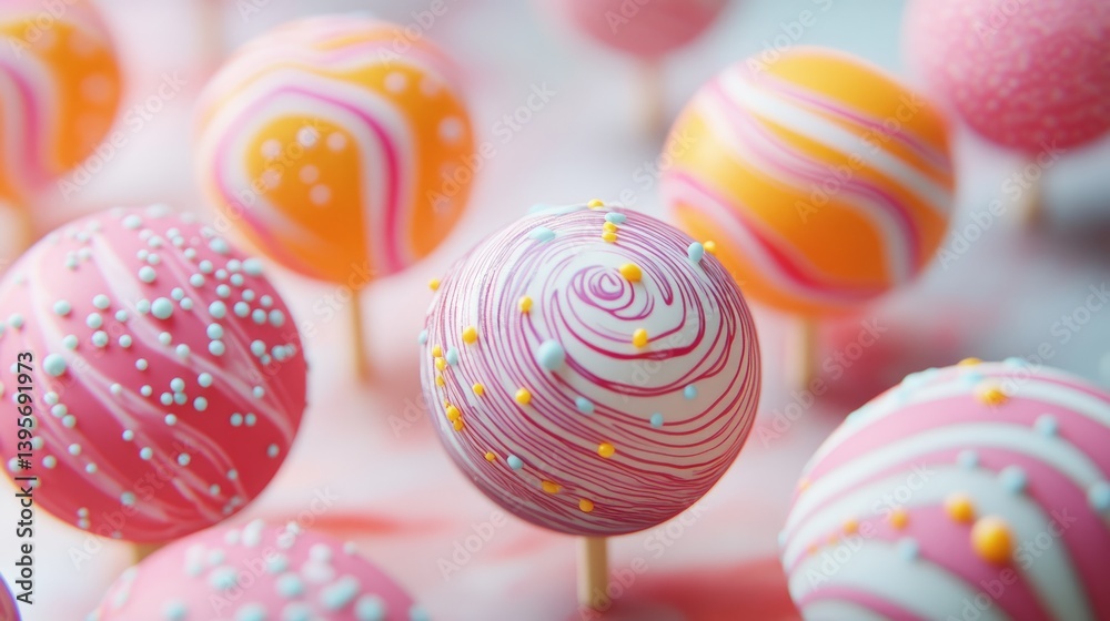 Colorful cake pops with icing swirls and sprinkles, sweet festive dessert on sticks in pastel tones Colorful cake pops with icing swirls and sprinkles, sweet festive dessert on sticks in pastel tones