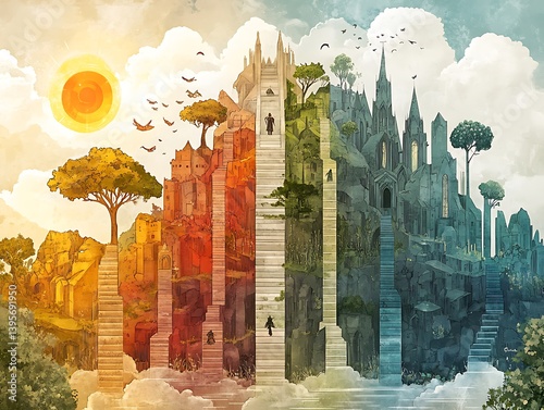 A fantastical depiction of layered cities with ascending stairways.