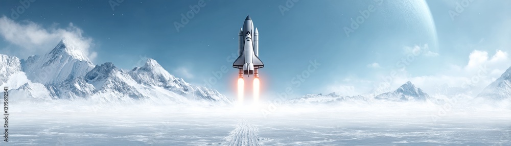 Naklejka premium A futuristic rocket launches from a snowy landscape with majestic mountains and a distant planet, symbolizing exploration and adventure.