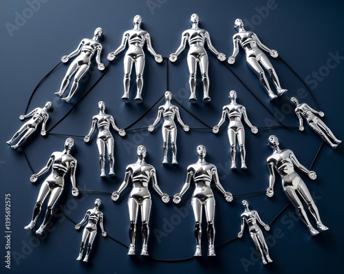 Chrome human-shaped figurines arranged in an elongated hexagonal pattern with black strings