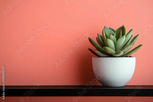 Minimalist succulent in a white pot on a dark shelf against a peach background 