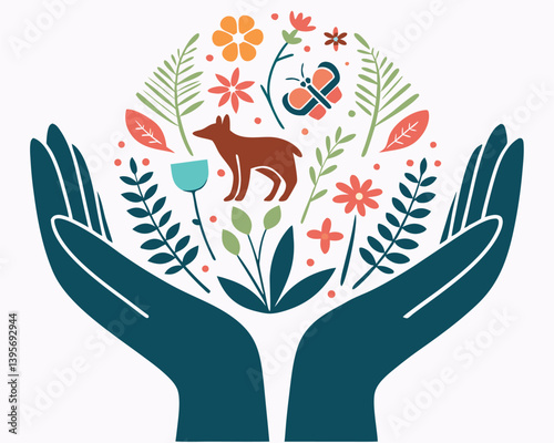 Gentle hands holding colorful stylized flowers, leaves, and a butterfly.