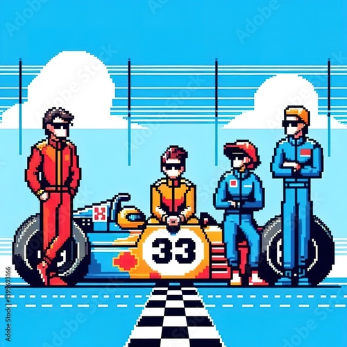 Car racing with pilots peopl sports digital art pixel art style retro 8bits concept illustration