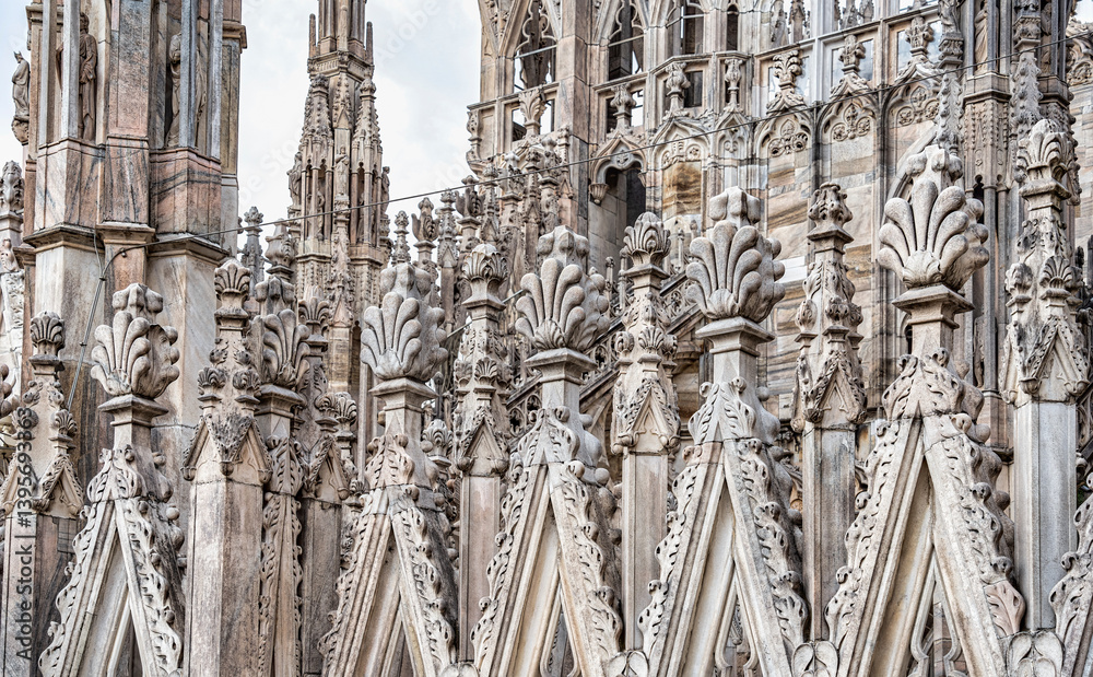 Ornamental Gothic Spires of Milan Cathedral (Duomo di Milano). Close Up Architectural Detail