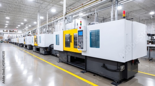 Modern Plastic Injection Molding Facility - Clean, well-lit factory floor showcasing a row of modern plastic injection molding machines. High-tech manufacturing