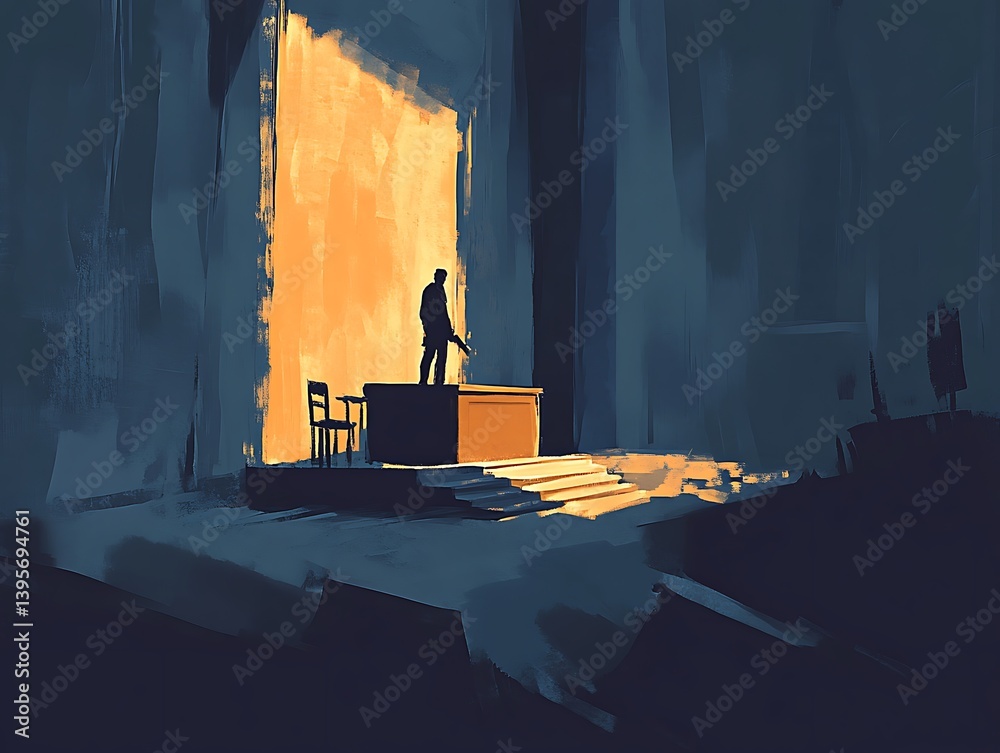 A guarded podium illuminated by a shaft of light, a solitary figure in silhouette.