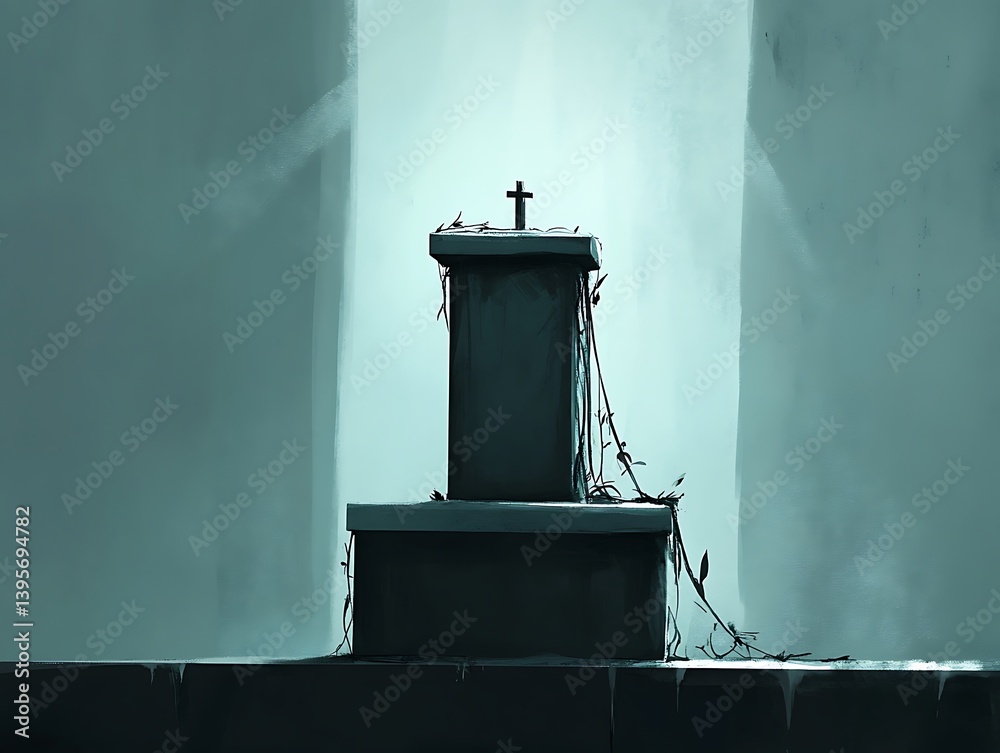 A weathered altar, draped in decaying vines, bathed in pale light.