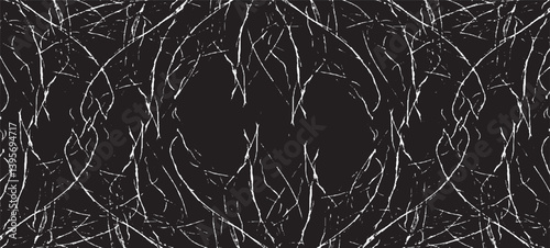 Monochrome texture composed of irregular graphic elements. Distressed uneven grunge background. Abstract vector illustration. Overlay for interesting effect and depth. Isolated on white background.