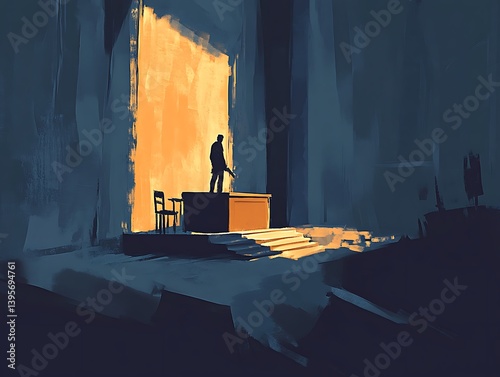 Obraz na płótnie A guarded podium illuminated by a shaft of light, a solitary figure in silhouette. w salonie