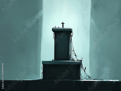 Obraz na płótnie A weathered altar, draped in decaying vines, bathed in pale light. w salonie