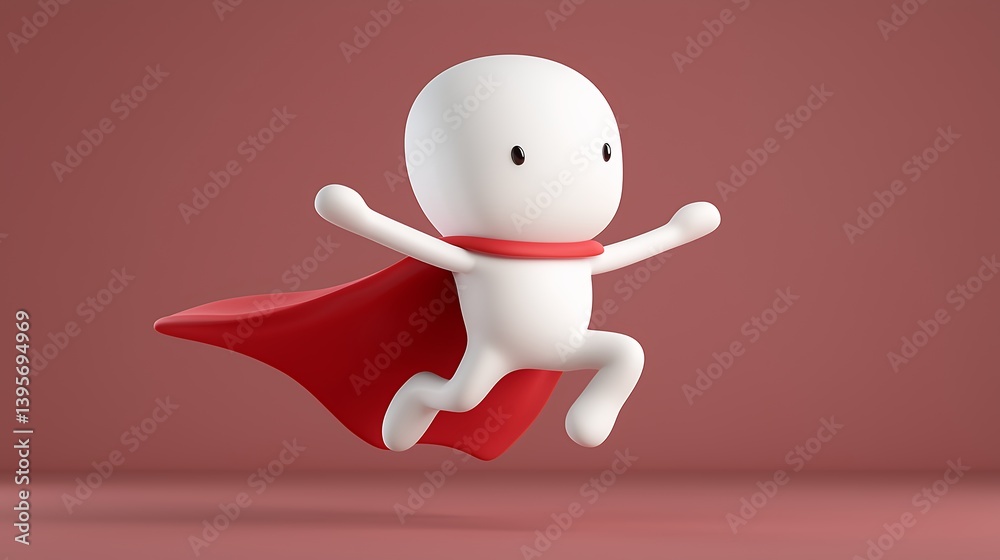 Cartoon Character in Red Cape Jumping Against Solid Maroon Background Cartoon Character in Red Cape Jumping Against Solid Maroon Background