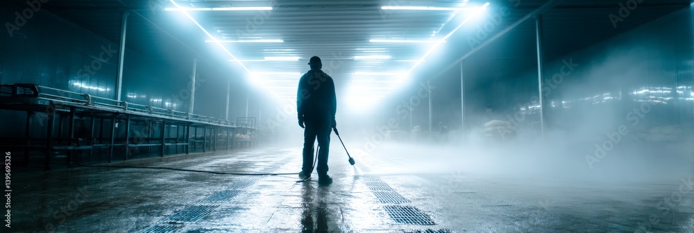 Obraz premium Nighttime Industrial Cleaning - A lone figure uses a pressure washer in a dimly lit industrial setting, creating a misty atmosphere