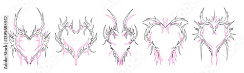 Collection Y2K neo tribal heart tattoo outline illustrations. Trendy retro designs for posters, clothing and more. 