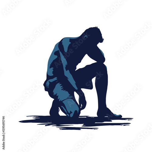 Dark silhouette of a kneeling man resting one arm on his knee, appearing deep in thought, on a white background. Concept of contemplation and struggle