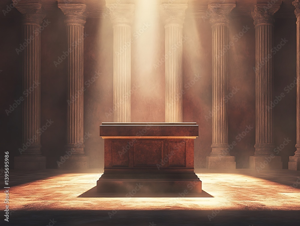 An ancient temple altar bathed in radiant sunlight.
