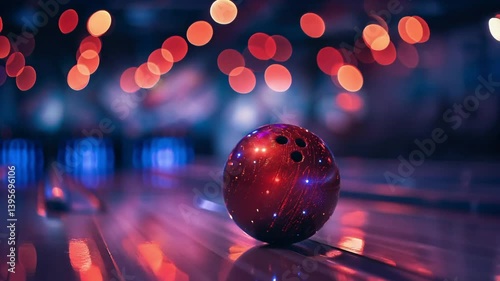 Bowling ball with sparkly surface in bowling alley with blurry neon lights at night. Retro vibes. Camera slowly panning around a ball