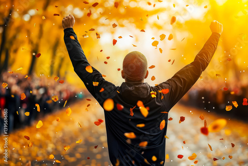 Dynamic shot of a runner crossing the marathon finish line with arms raised in victory amid falling autumn leaves